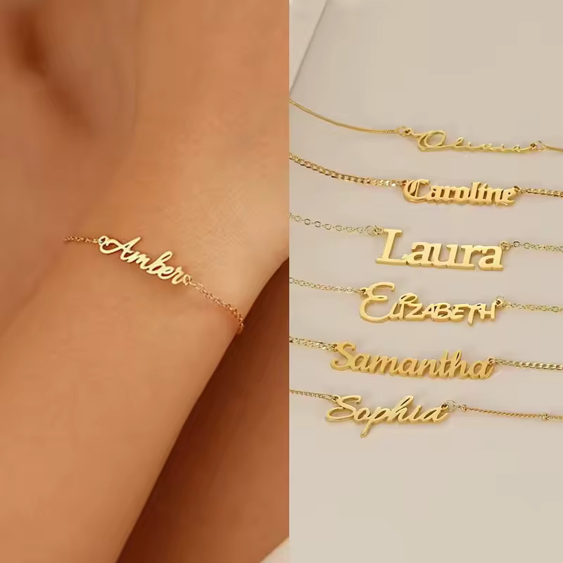 Pulseras con nombre personalizado de acero inoxidable para mujer